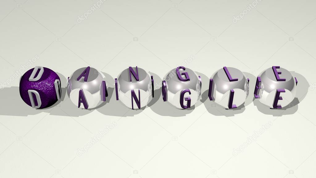 Jewelry: DANGLE text of cubic individual letters. 3D illustration