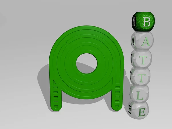 BATTLE 3D icon beside the vertical text of individual letters. 3D illustration. background and army