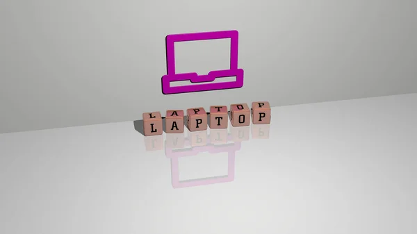 笔记本电脑文本的立方骰子字母在地板上 三维图标在墙上 3D插图 计算机和商业 — 图库照片