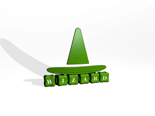 Wizard立方体文字のテキスト上の3Dアイコンオブジェクト 3Dイラスト 魔法と背景 — ストック写真