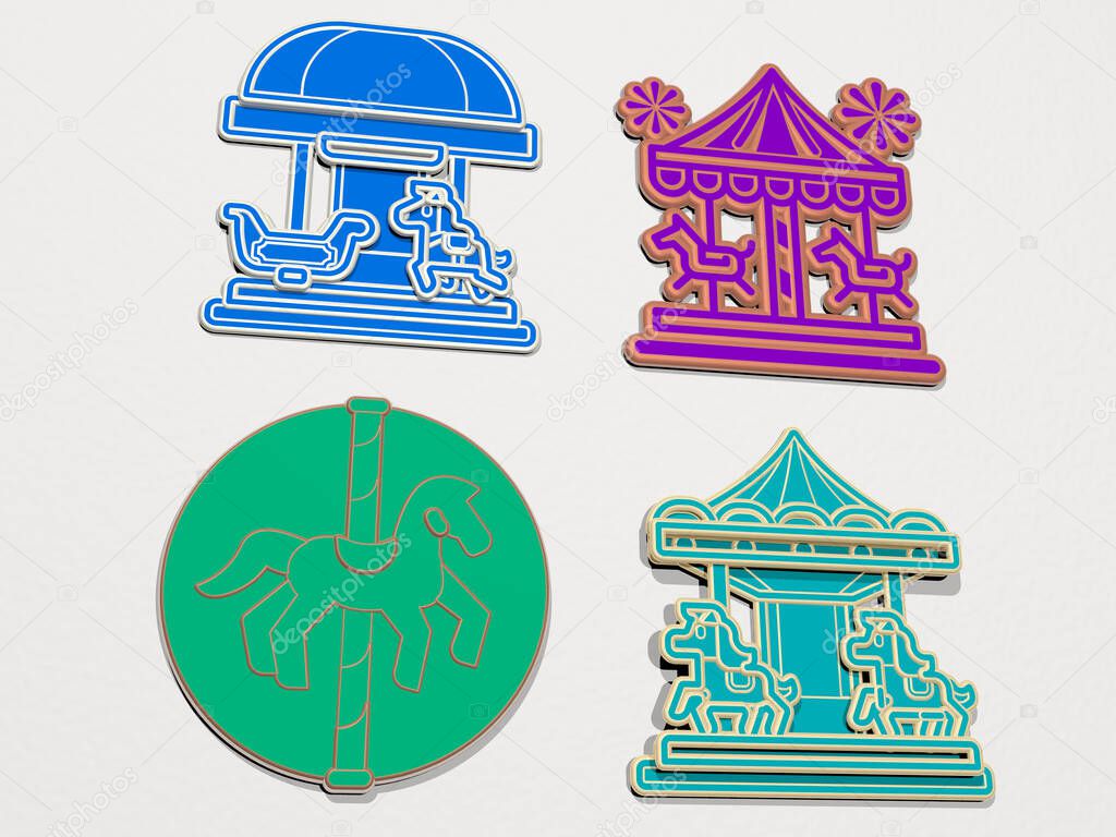 MERRY GO ROUND 4 icons set. 3D illustration. carousel and merry-go-round
