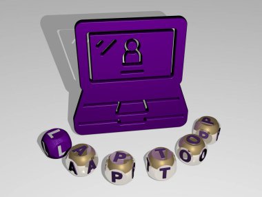 LAPTOP 3D simge etrafında kübik harflerin yuvarlak metni. Üç boyutlu illüstrasyon. bilgisayar ve iş