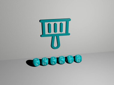 Duvarda SHAKER 3D simgesi ve yerde kübik alfabe metni var. Üç boyutlu illüstrasyon. arkaplan ve kokteyl
