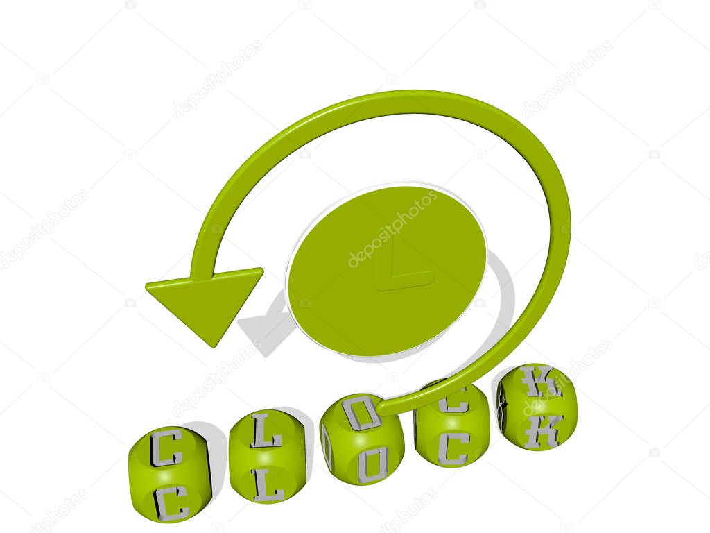 CLOCK cubic letters with 3D icon on the top. 3D illustration. background and alarm