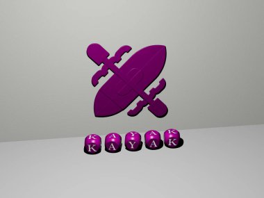 Duvarda KAYAK 3D simgesi ve yerde kübik alfabe metni var. Üç boyutlu illüstrasyon. tekne ve kano