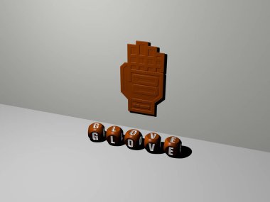 Duvarda 3D simge ve yerde kübik alfabe metni var. Üç boyutlu illüstrasyon. el ve arkaplan