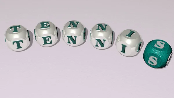 立方ダイス文字のTennis曲線テキスト 3Dイラスト ボールと背景 — ストック写真