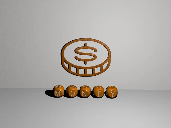 Representação Dinheiro Com Ícone Parede Texto Dispostos Por Letras Cúbicas — Fotografia de Stock