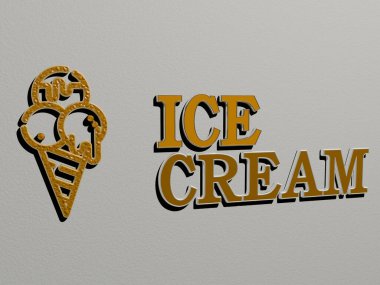 Dondurma ikonu ve duvara yazı. Üç boyutlu illüstrasyon. arkaplan ve soğuk
