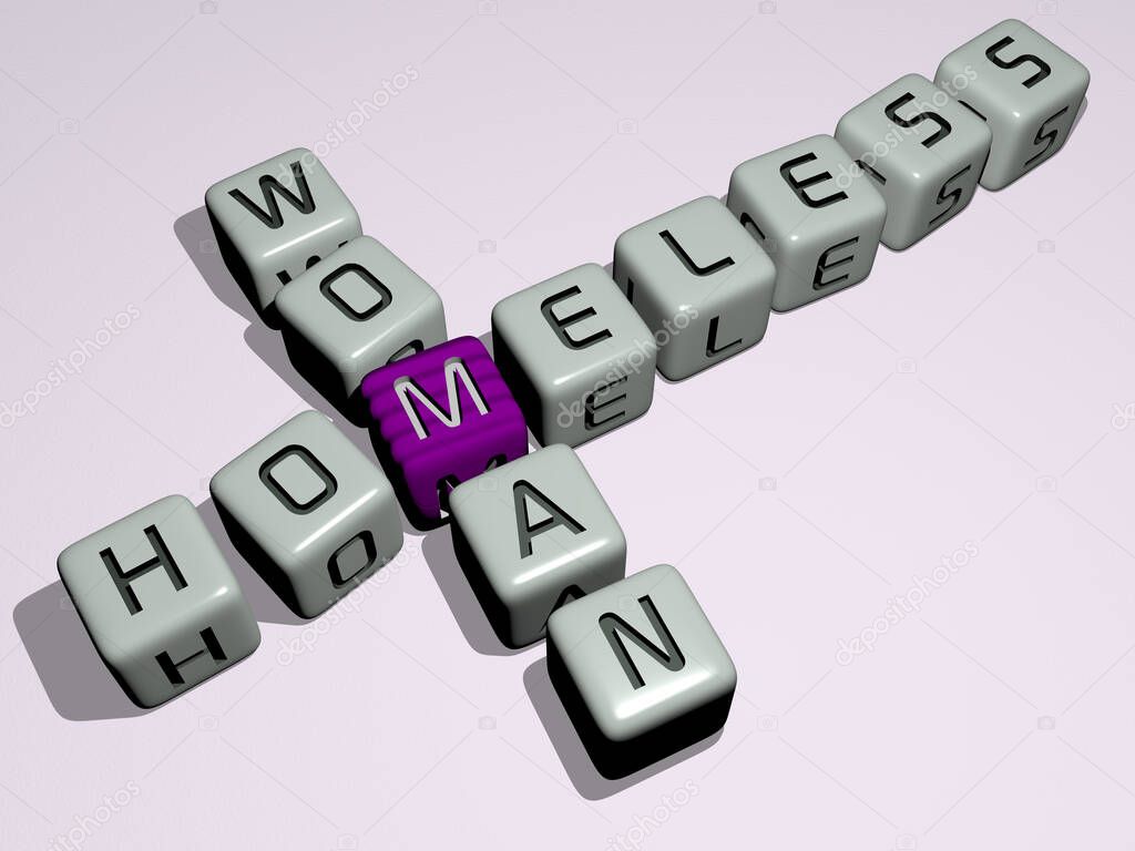 homeless woman crossword by cubic dice letters. 3D illustration. animal and street