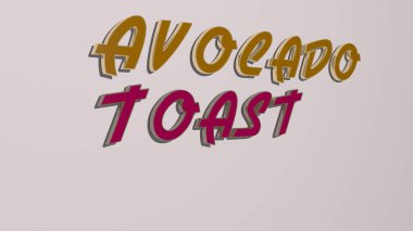 Duvarda AVOCADO tost metni var. Üç boyutlu illüstrasyon. arkaplan ve yiyecek