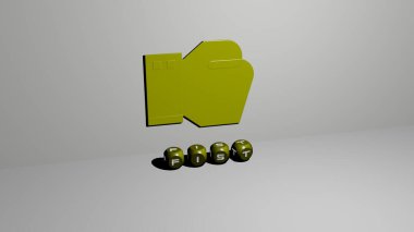 Duvarda FIST 3D simgesi ve yerde kübik alfabe metni var. Üç boyutlu illüstrasyon. arkaplan ve el