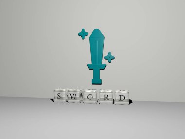 sword 3D icon on the wall and cubic letters on the floor. 3D illustration. background and ancient clipart
