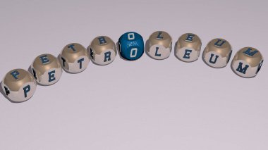 PETROLEUM küp zar harflerinin eğimli metni. Üç boyutlu illüstrasyon. petrol ve gaz