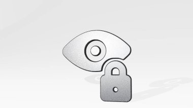 İris tarama kilidi 3D simgesi yerde duruyor. Üç boyutlu illüstrasyon. arkaplan ve çiçek