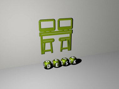 Konsept ve sunumların ilgili anlamları için metalik zar harfleri tarafından yapılan DESK grafikleri ve metinlerinin 3D illüstrasyonu. iş ve arkaplan