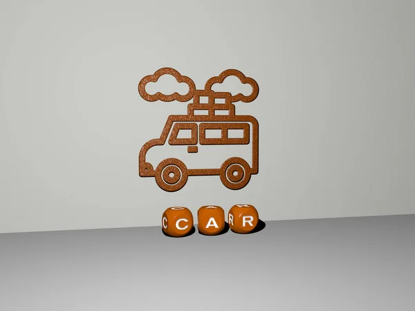 3D illustration of CAR graphics and text made by metallic dice letters for the related meanings of the concept and presentations. auto and automobile