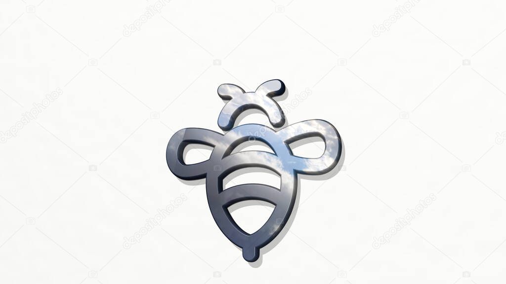 FLYING INSECT BEE 3D icon on the wall. 3D illustration. background and blue