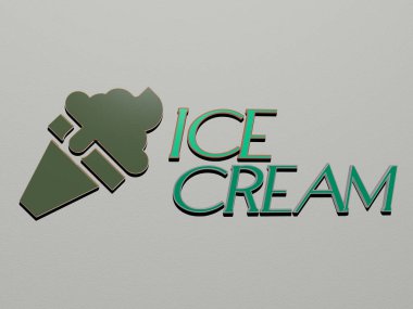 Dondurma ikonu ve duvara yazı. Üç boyutlu illüstrasyon. arkaplan ve soğuk