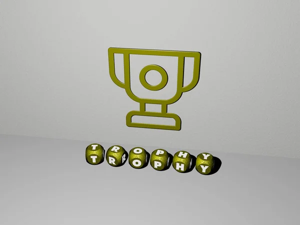 墙上的奖杯3D图标和地板上立方体字母的文本 3D插图 奖状和奖杯 — 图库照片
