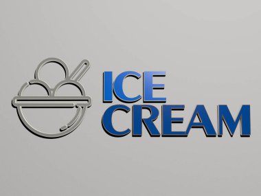 Dondurma ikonu ve duvara yazı. Üç boyutlu illüstrasyon. arkaplan ve soğuk