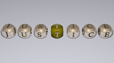 Kübik zar harfleriyle JUSTICE metni. Üç boyutlu illüstrasyon. hukuk ve kavram