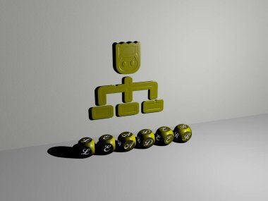 Duvarda lider 3D simgesi ve yerde kübik alfabe metni var. Üç boyutlu illüstrasyon. iş ve konsept
