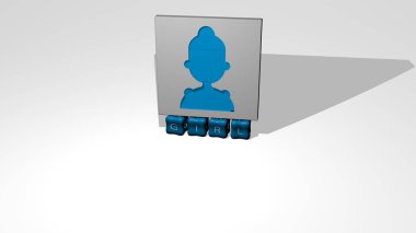 Kız grafiklerinin 3 boyutlu çizimi ve konsept ve sunumların ilgili anlamları için metalik zar harflerinin oluşturduğu metinler. güzel ve arka plan