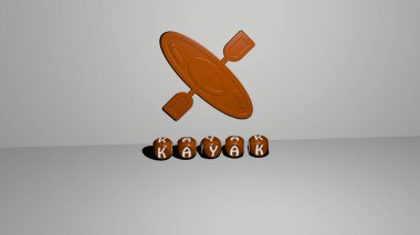 Duvarda KAYAK 3D simgesi ve yerde kübik alfabe metni var. Üç boyutlu illüstrasyon. tekne ve kano