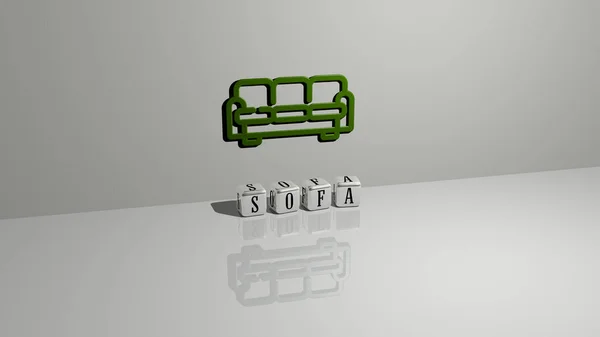 sofa text of cubic dice letters on the floor and 3D icon on the wall. 3D illustration. home and room