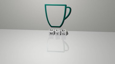 Yerde küp küp zar harfleri ve duvarda 3D simge - kahve ve arkaplan için 3D illüstrasyon