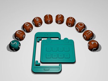 akıllı telefon simgesi bireysel harflerin metinleriyle çevrili - arkaplan ve iş için 3B illüstrasyon