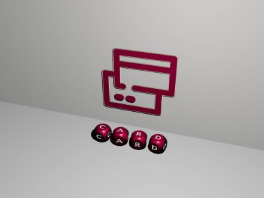 CARD grafiklerinin 3 boyutlu çizimi ve konseptin ilgili anlamları ve arkaplan ve tasarım sunumları için metalik zar harfleri tarafından yapılan metin