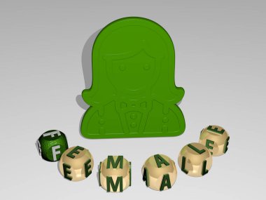 3D simge etrafında kübik harflerin kadın yuvarlak metni - kadınlar için 3D illüstrasyon ve güzel