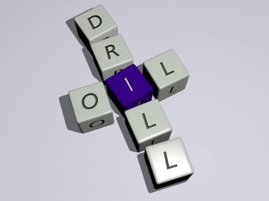 Kübik zar harfleri ile OIL DRILL bulmacası - arkaplan ve soyut için 3D illüstrasyon