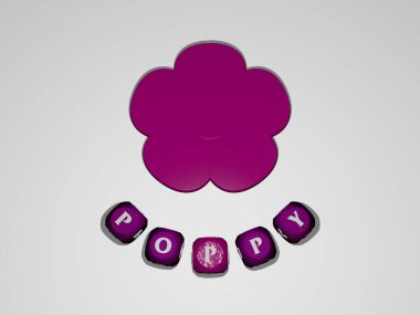 3B simgesi etrafında POPPY metin - arkaplan ve çiçek için 3D illüstrasyon