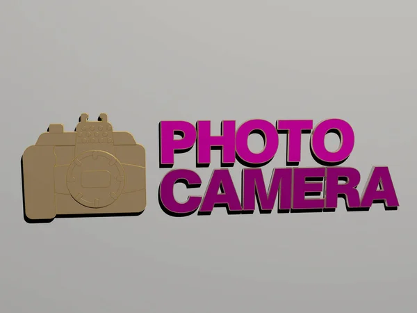 壁の上の写真カメラのアイコンとテキスト 背景と美しいための3Dイラスト — ストック写真