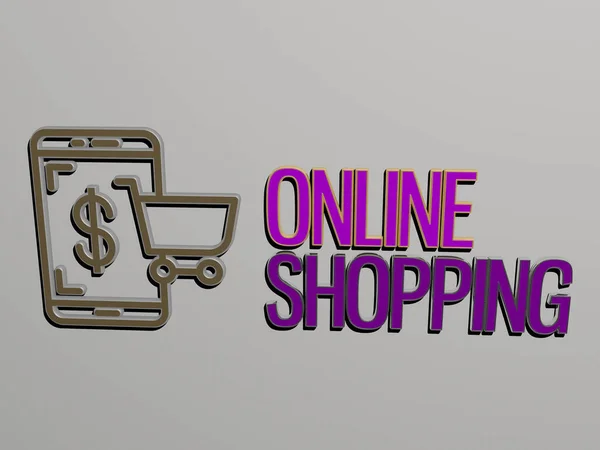 Online Shopping Symbol Und Text Der Wand Illustration Für Geschäft — Stockfoto