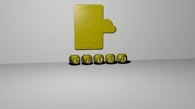 Duvarda bulut 3D simgesi ve yerdeki kübik alfabelerin metni - arkaplan ve mavi için 3D illüstrasyon