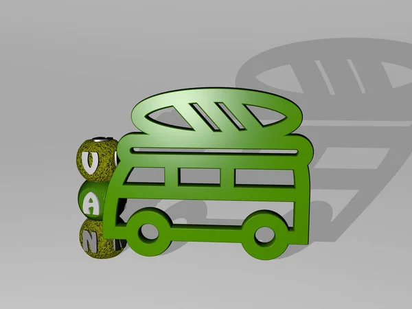 Van 3D图标和骰子字母文本 汽车和编辑用3D插图 — 图库照片