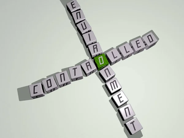 用立方体骰子字母填空的环境填字游戏 无人机和背景的3D插图 — 图库照片