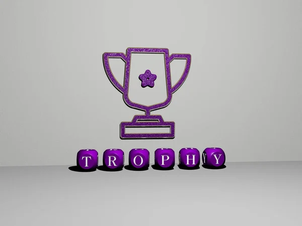 Trophy图形的三维图解和用金属骰子字母制作的文本 以说明奖励和奖杯的概念和演示的相关含义 — 图库照片