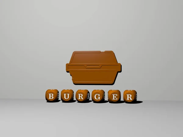 burger 3D icon on the wall and text of cubic alphabets on the floor - 3D illustration for food and background