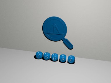 Duvarda loupe 3D simgesi ve yerdeki küp alfabelerin metni - cam ve büyütme için 3D illüstrasyon
