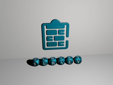 Duvarda SURVEY 3D simgesi ve yerdeki kübik alfabelerin metni - iş ve konsept için 3D illüstrasyon