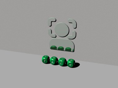 Metalik zar harflerinin, konseptin ilgili anlamları ve arkaplan ve güzel sunumları için yaptığı yüz grafikleri ve metnin 3B çizimi