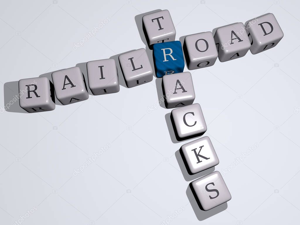 railroad tracks crossword by cubic dice letters - 3D illustration for train and railway