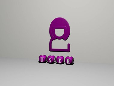 Duvardaki kullanıcı 3D simgesi ve yerdeki kübik alfabelerin metni - arayüz ve tasarım için 3D illüstrasyon