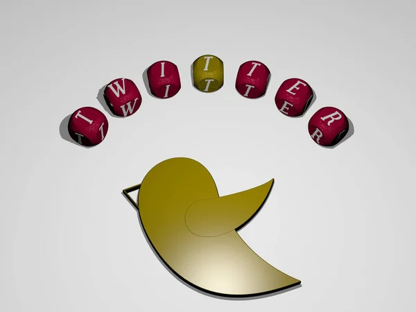 TWITTER icon surrounded by the text of individual letters - 3D illustration for social and media