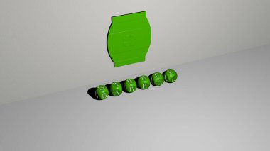 Duvarda BarREL 3D simgesi ve yerdeki kübik alfabelerin metni - arkaplan ve siyah için 3D illüstrasyon